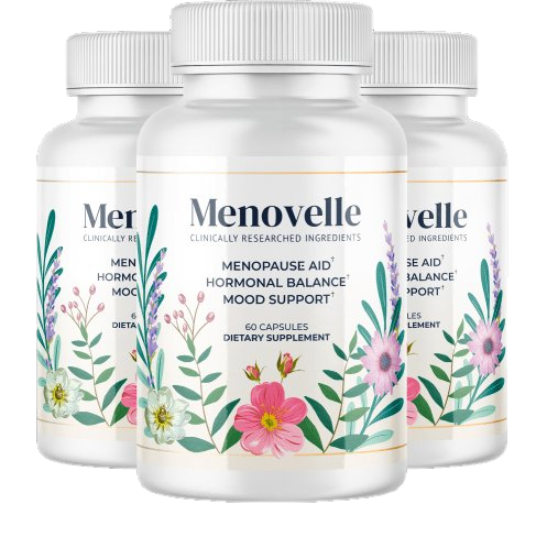 Three bottles of Menovelle menopause support supplement